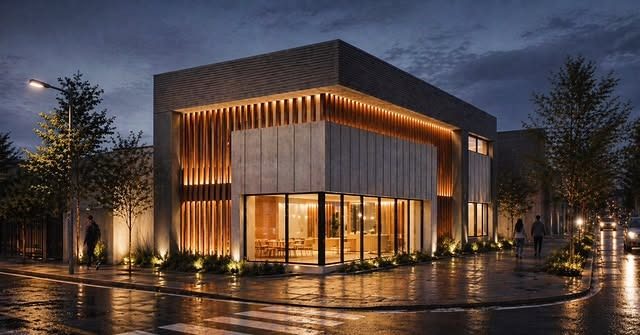 Edificio comercial · Render nocturno